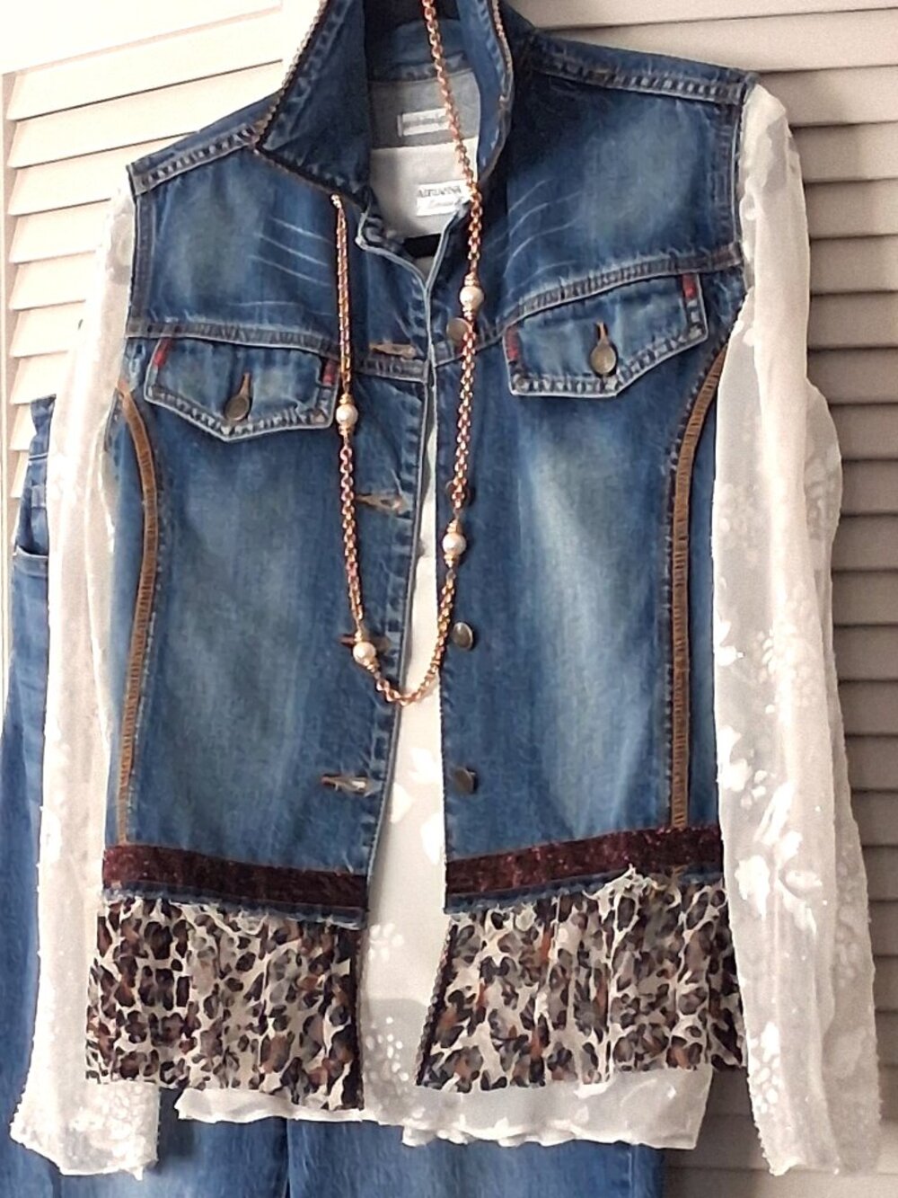 PACIFIC BLUE Upcycled Denim Vest with Leopard Print Lace & Glittery Trim - Size
